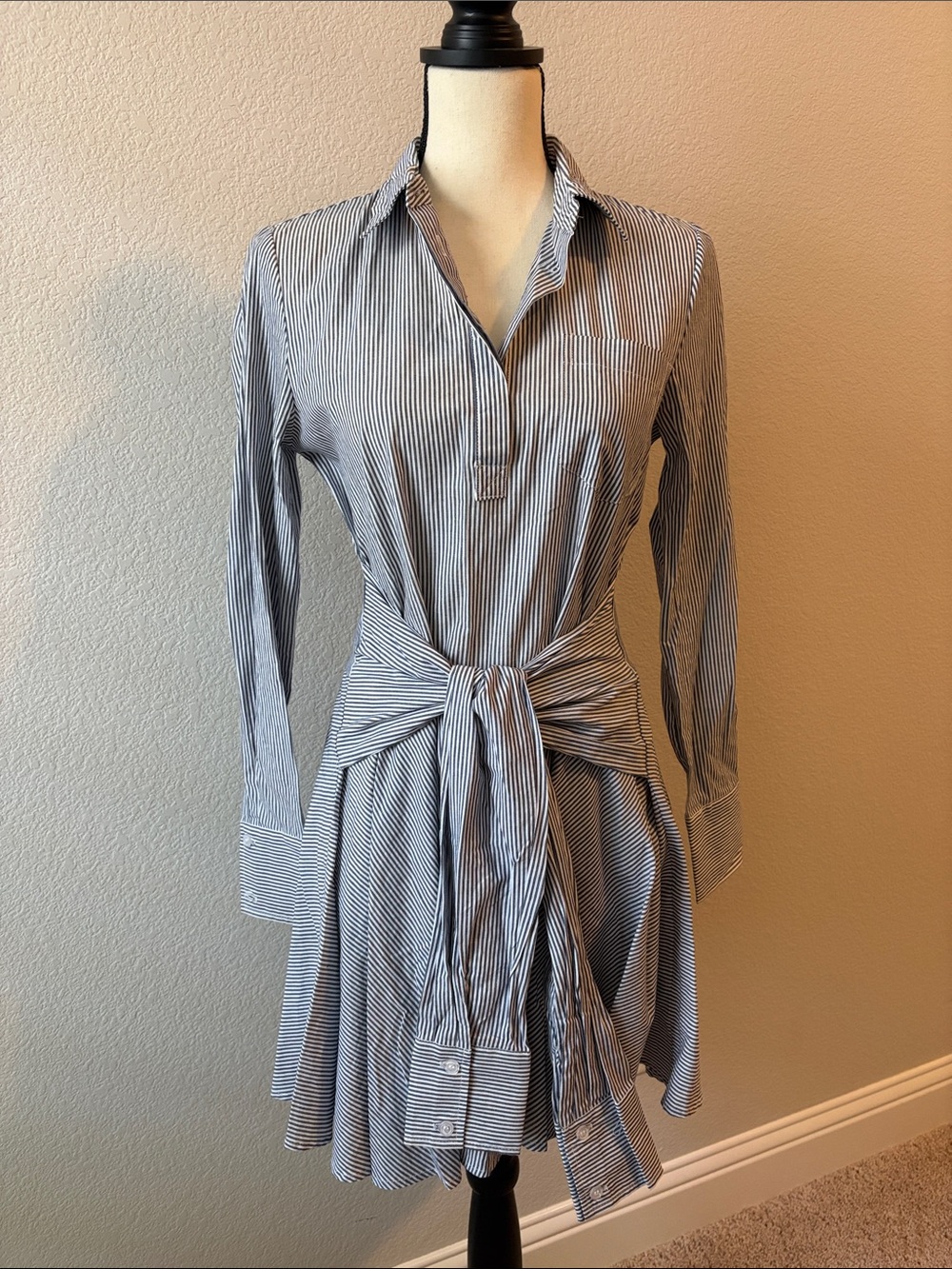 Romeo & Juliet Couture Blue and White Striped Tie-Waist Shirt Dress